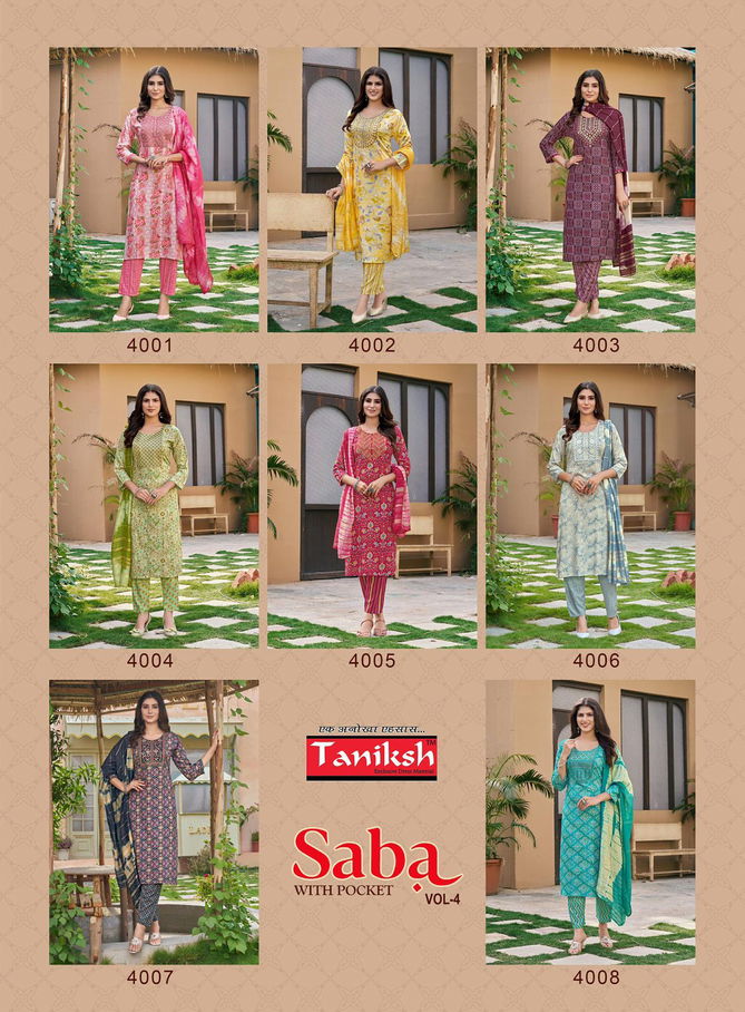 Saba Vol 4 By Taniksh Rayon Foil Printed Kurti With Bottom Dupatta Wholesale Price In Surat
